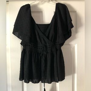 SHEIN Black Ruffled Tie Front Wrap Blouse
